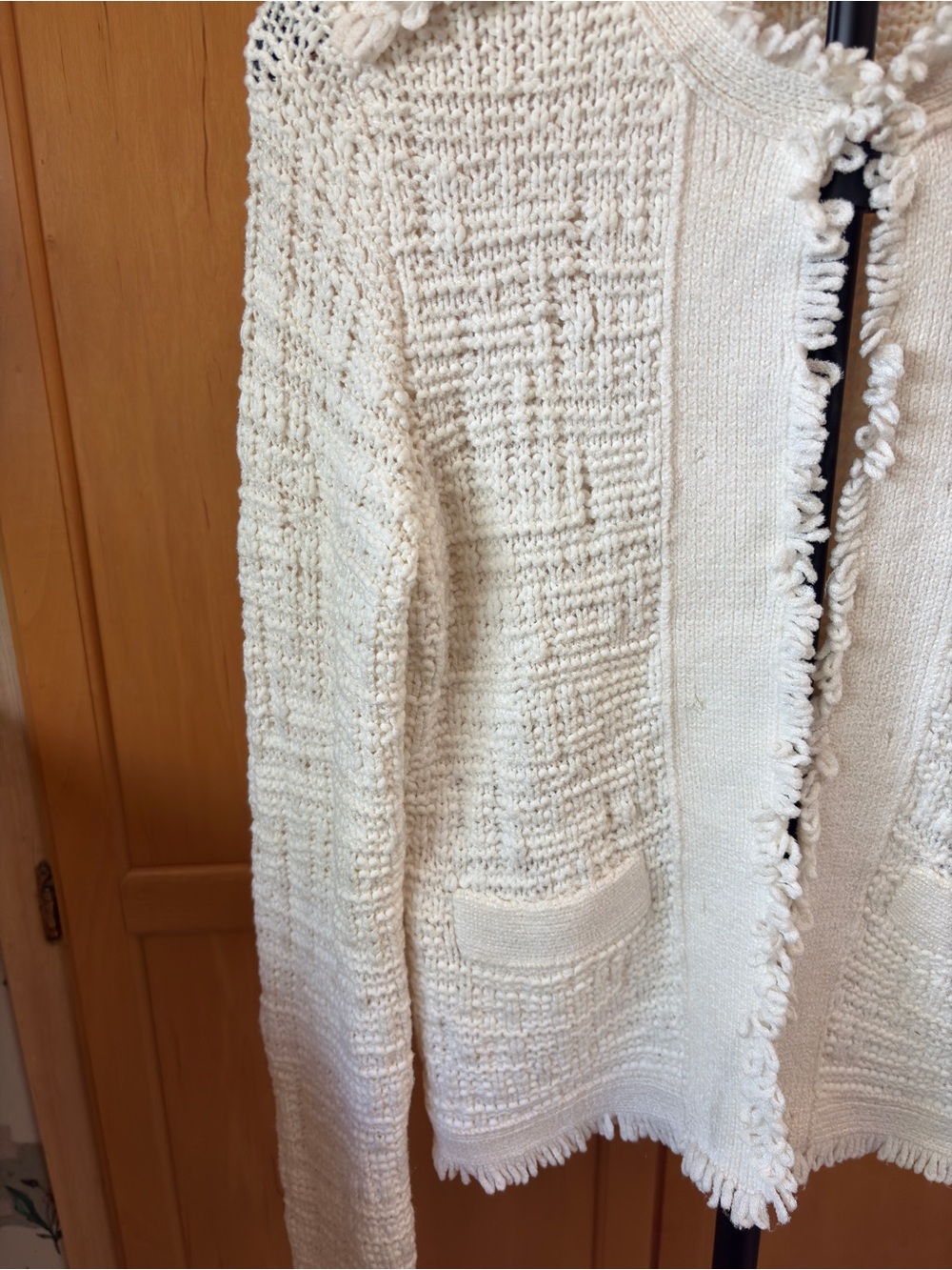 INTERMIX Cream Ivory Fringe Tweed Knit Jacket Collarless Open Front Small Size 2 - Picture 6 of 16